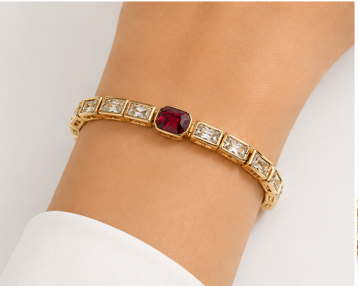Pulsera con Cristal Swarovski Rojo y Zirconias Oro Laminado | Princess Magic